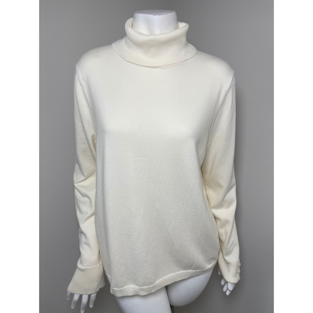 Talbots Womens XL Cotton Blend Turtleneck Sweater Button Cuff Ivory Preppy